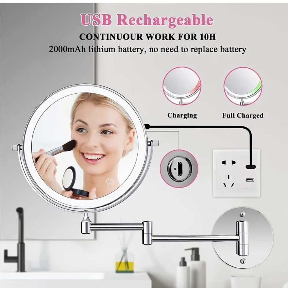 8 INCH LED WALL MOUNTED RECHARGEABLE MAKEUP MIRROR